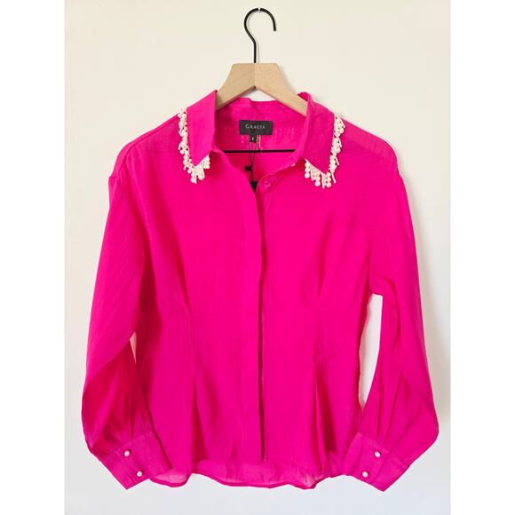 NWT Gracia Pink Fuchsia Button-Down Blouse w/ Pearl Beaded Collar Sz S - Picture 1 of 3